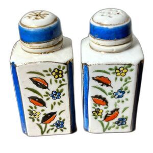 Vintage Hand-Painted Japan Salt & Pepper Shakers Floral Ceramic Blue Trim 1950s
